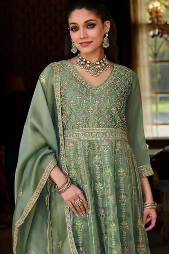 Women Floral Embroidered Empire Mirror Work Kurta with Trousers & With Dupatta