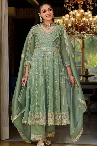 Women Floral Embroidered Empire Mirror Work Kurta with Trousers & With Dupatta