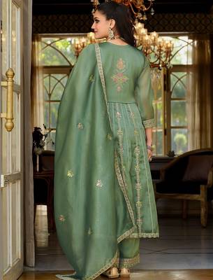 Women Floral Embroidered Empire Mirror Work Kurta with Trousers & With Dupatta 7