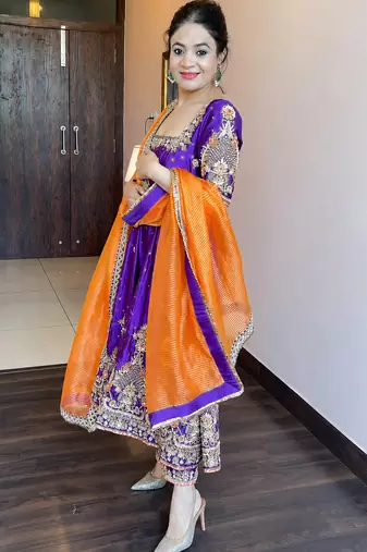 Purple fandy silk party wear embroidery sharara suit set