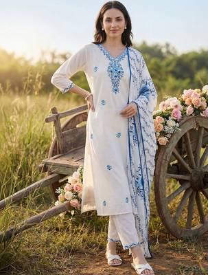 Women Floral Embroidered Thread Work Cotton Kurta with Trousers & With Dupatta 1