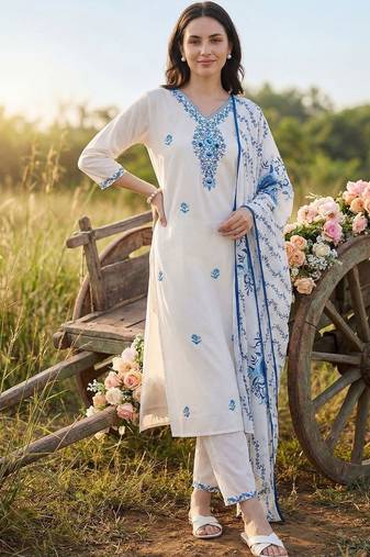 Women Floral Embroidered Thread Work Cotton Kurta with Trousers & With Dupatta