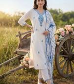 Women Floral Embroidered Thread Work Cotton Kurta with Trousers & With Dupatta