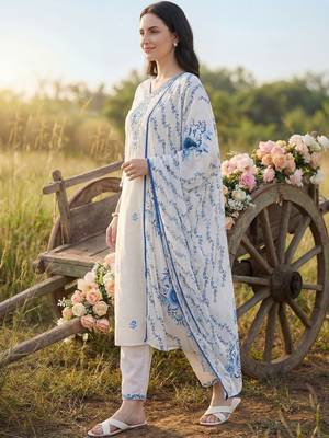 Women Floral Embroidered Thread Work Cotton Kurta with Trousers & With Dupatta 2