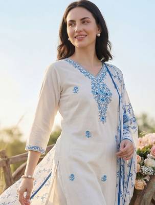 Women Floral Embroidered Thread Work Cotton Kurta with Trousers & With Dupatta 4