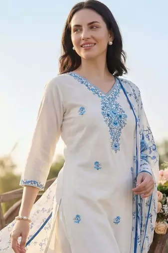 Women Floral Embroidered Thread Work Cotton Kurta with Trousers & With Dupatta
