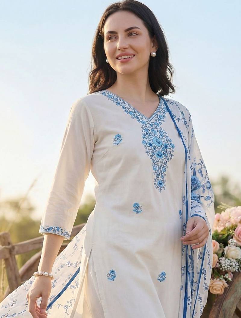Women Floral Embroidered Thread Work Cotton Kurta with Trousers & With Dupatta