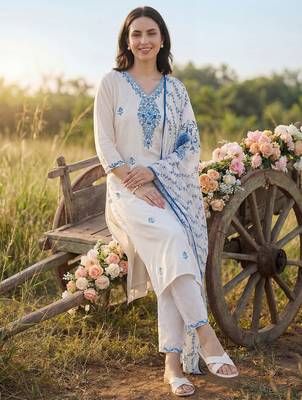 Women Floral Embroidered Thread Work Cotton Kurta with Trousers & With Dupatta 6