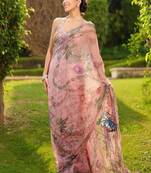 Pink tabby silk printed saree with real mirror work & sequins embroidery with unstitched blouse