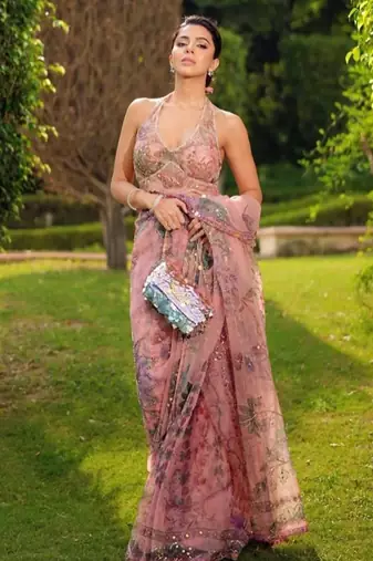 Pink tabby silk printed saree with real mirror work & sequins embroidery with unstitched blouse
