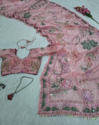 Pink tabby silk printed saree with real mirror work & sequins embroidery with unstitched blouse 5