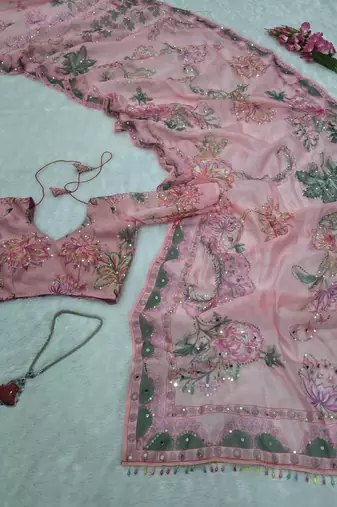 Pink tabby silk printed saree with real mirror work & sequins embroidery with unstitched blouse