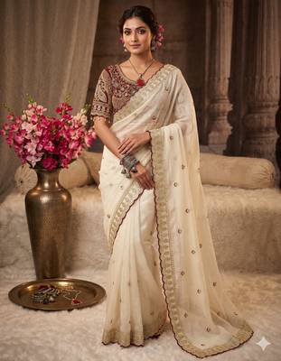 Cream embroidered rangoli silk saree with sequins work and stitched bangalori silk blouse 1