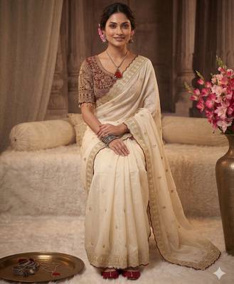 Cream embroidered rangoli silk saree with sequins work and stitched bangalori silk blouse 2