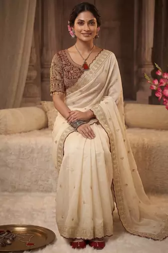 Cream embroidered rangoli silk saree with sequins work and stitched bangalori silk blouse