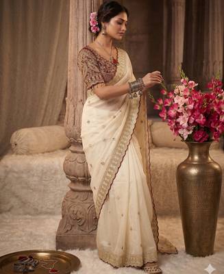 Cream embroidered rangoli silk saree with sequins work and stitched bangalori silk blouse 3