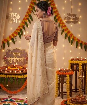 Cream embroidered rangoli silk saree with sequins work and stitched bangalori silk blouse 4