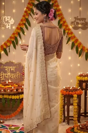 Cream embroidered rangoli silk saree with sequins work and stitched bangalori silk blouse
