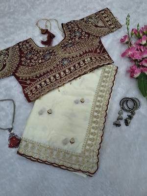 Cream embroidered rangoli silk saree with sequins work and stitched bangalori silk blouse 5