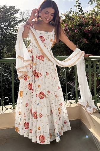 White vichitra silk party wear sleevelass anarkali suit set