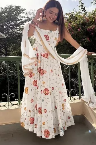 White vichitra silk party wear sleevelass anarkali suit set