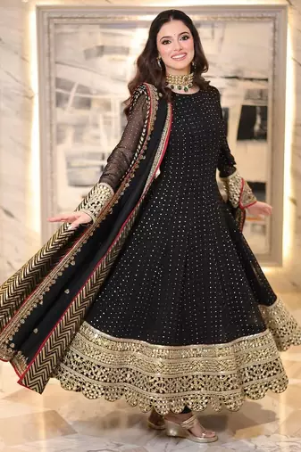 Black fuax blooming party wear embroidery anarkali suit set