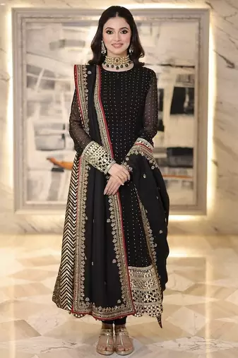 Black fuax blooming party wear embroidery anarkali suit set