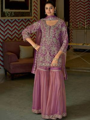Women Floral Embroidered Beads and Stones Kurta with Sharara & With Dupatta 1