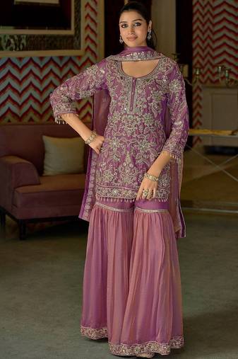 Women Floral Embroidered Beads and Stones Kurta with Sharara & With Dupatta