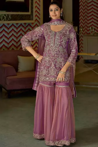 Women Floral Embroidered Beads and Stones Kurta with Sharara & With Dupatta