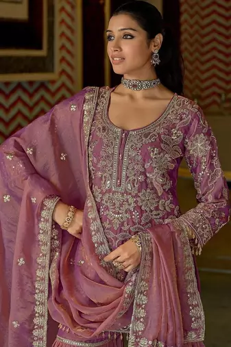 Women Floral Embroidered Beads and Stones Kurta with Sharara & With Dupatta