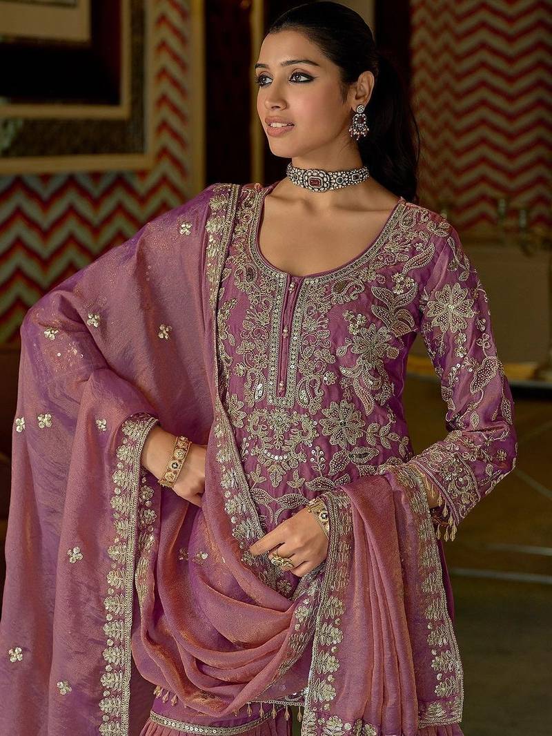Women Floral Embroidered Beads and Stones Kurta with Sharara & With Dupatta