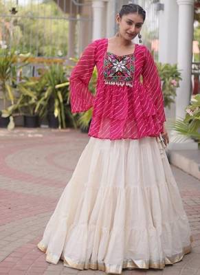 red chinon semi stitched suit with embroidery & sequence work 1