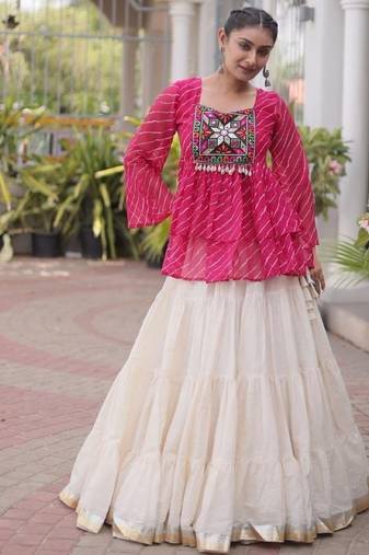 Rani&White Cotton Readymade Stitched Navratri Lehenga Choli with Kutchi Gamthi Patchework