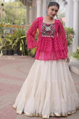 red chinon semi stitched suit with embroidery & sequence work