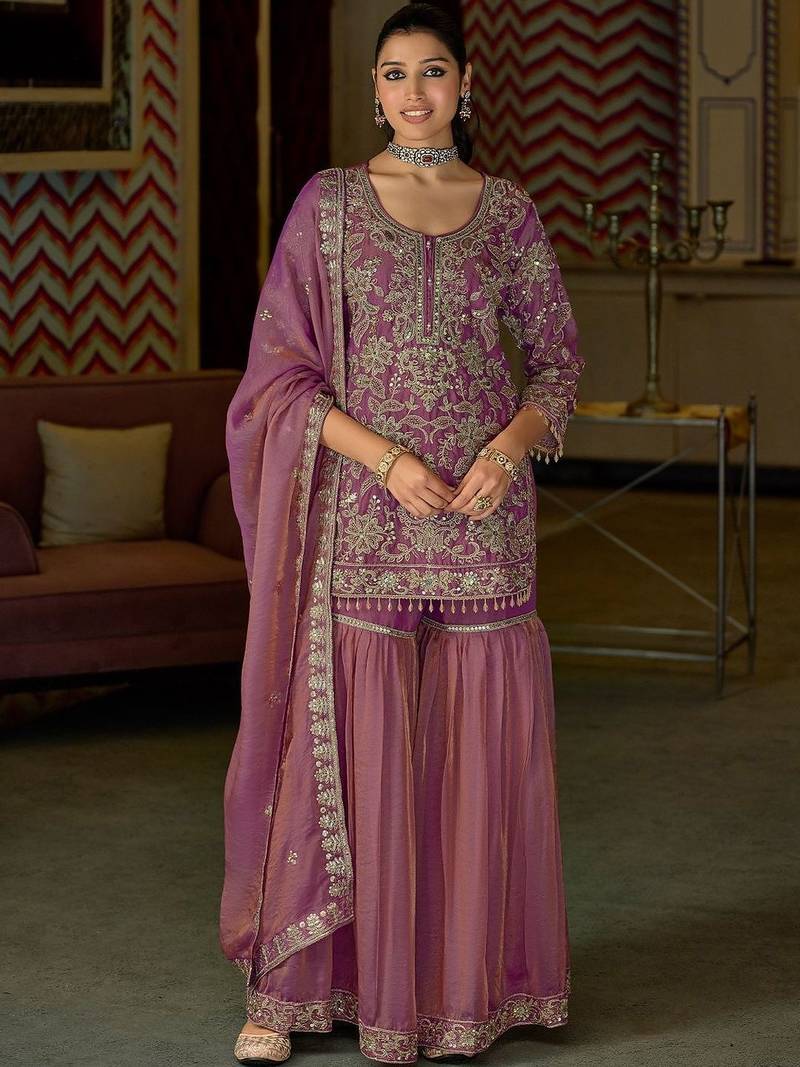 Women Floral Embroidered Beads and Stones Kurta with Sharara & With Dupatta