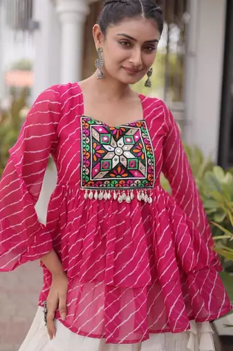 red chinon semi stitched suit with embroidery & sequence work