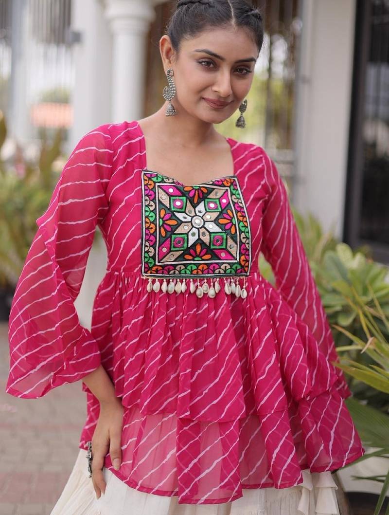 red chinon semi stitched suit with embroidery & sequence work