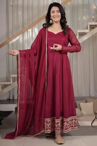 Maroon crunchy silk party wear embroidery  anarkali suit set