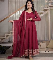 Maroon crunchy silk party wear embroidery  anarkali suit set
