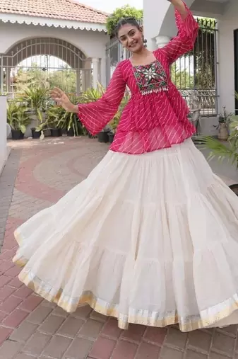 red chinon semi stitched suit with embroidery & sequence work