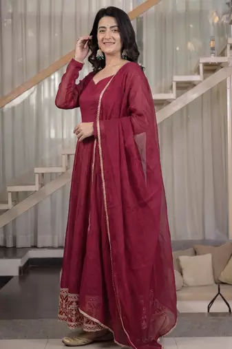Maroon crunchy silk party wear embroidery  anarkali suit set