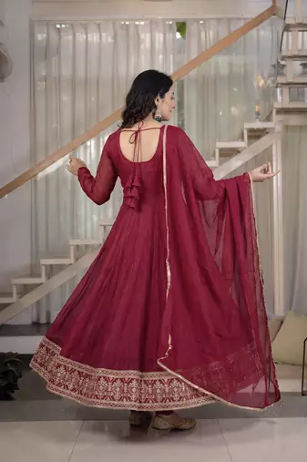 Maroon crunchy silk party wear embroidery  anarkali suit set