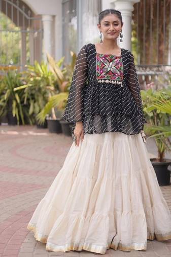 Black&White Cotton Readymade Stitched Navratri Lehenga Choli with Kutchi Gamthi Patchework