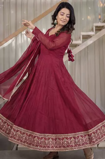 Maroon crunchy silk party wear embroidery  anarkali suit set