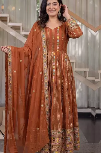 Orange fuax blooming party wear embroidery anarkali suit set