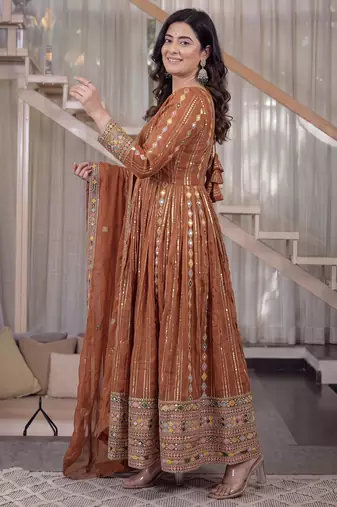 Orange fuax blooming party wear embroidery anarkali suit set