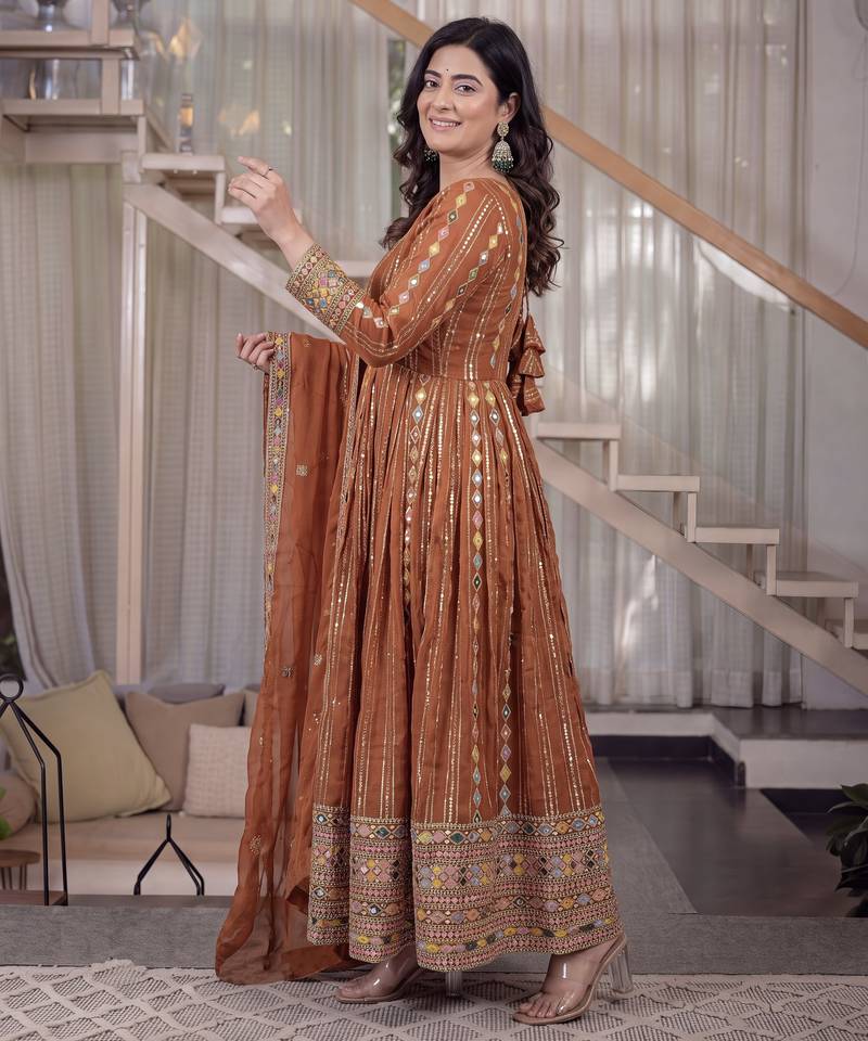 Orange fuax blooming party wear embroidery anarkali suit set
