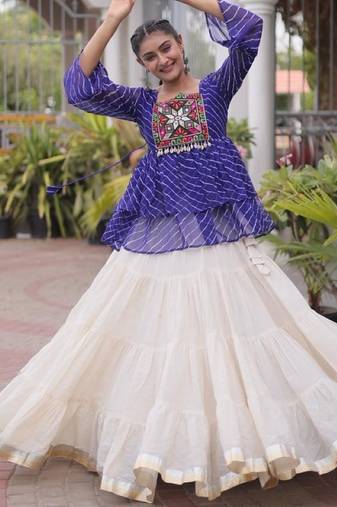 Blue&White Cotton Readymade Stitched Navratri Lehenga Choli with Kutchi Gamthi Patchework