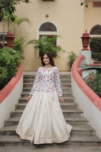 White Viscose Readymade Stitched Lehenga Choli with Thread-Sequins Embroidered Work